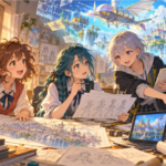 設計図を囲む女子高校生3人と空想の飛行機械を描いた「映像研には手を出すな！」最終回ネタバレ感想・考察記事用イラスト