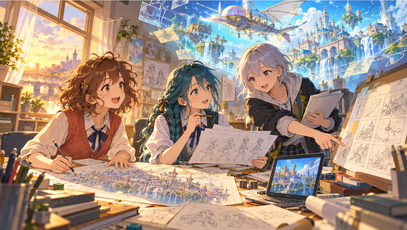 設計図を囲む女子高校生3人と空想の飛行機械を描いた「映像研には手を出すな！」最終回ネタバレ感想・考察記事用イラスト