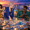 カラフルな海外都市を背景にカードを構える詐欺師たちを描いたGREAT PRETENDER最終回ネタバレ考察用の完全オリジナルイラスト