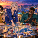カラフルな海外都市を背景にカードを構える詐欺師たちを描いたGREAT PRETENDER最終回ネタバレ考察用の完全オリジナルイラスト