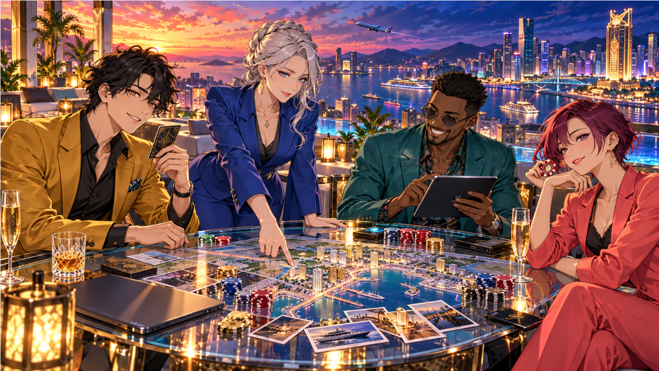 カラフルな海外都市を背景にカードを構える詐欺師たちを描いたGREAT PRETENDER最終回ネタバレ考察用の完全オリジナルイラスト