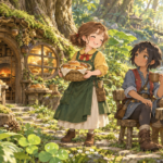 朝の木漏れ日が差す森のパン工房で、パンの籠を持って笑う女性と木のカップを手に微笑む女性を描いた完全オリジナルイラスト