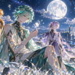 月明かりの草原に立つ宝石のような人物たちを描いた、宝石の国アニメ最終回ネタバレ感想・考察記事用の完全オリジナルイラスト