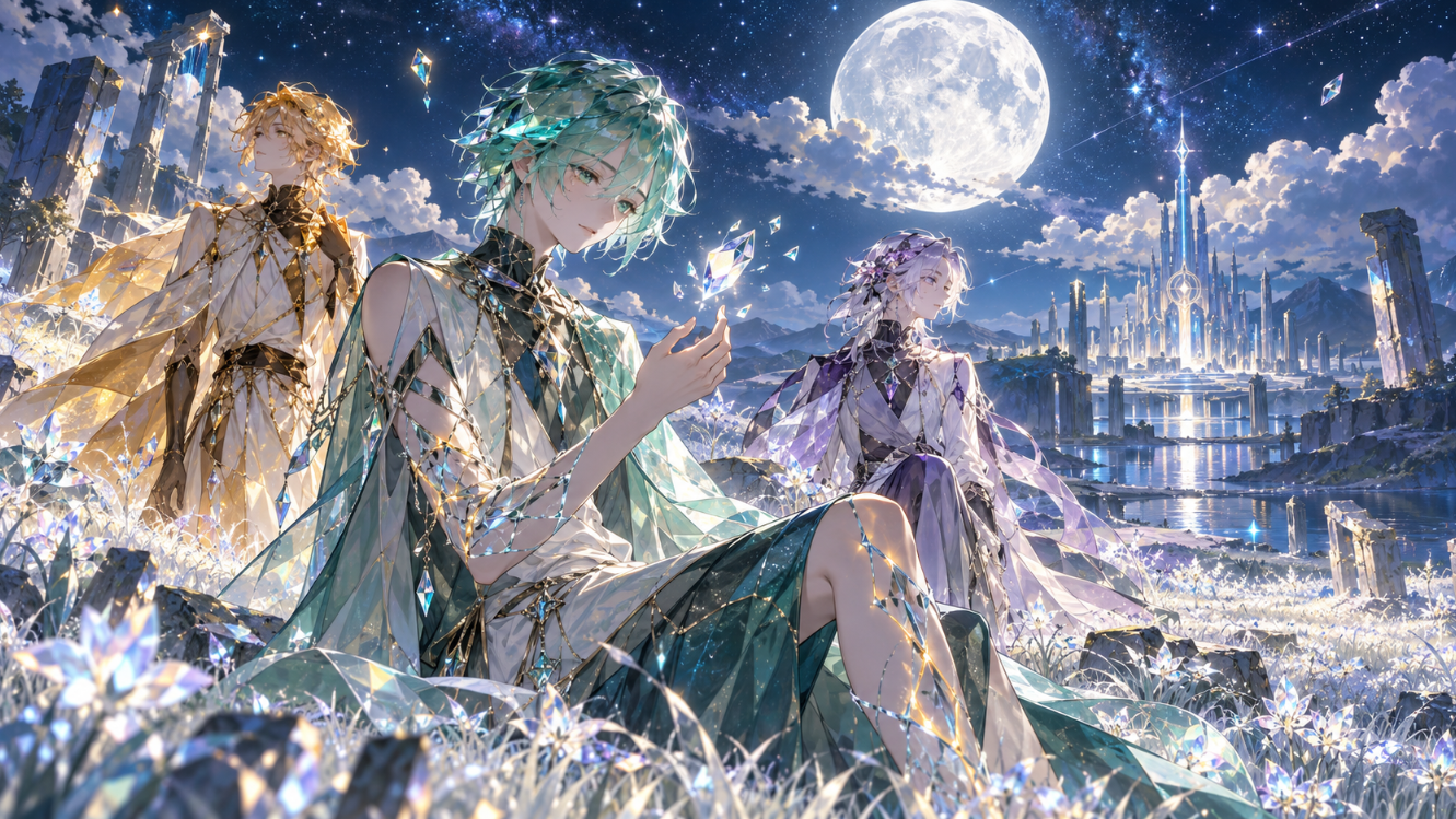 月明かりの草原に立つ宝石のような人物たちを描いた、宝石の国アニメ最終回ネタバレ感想・考察記事用の完全オリジナルイラスト