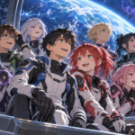 宇宙船から青い惑星を見つめる9人の少年少女を描いた完全オリジナルイラスト