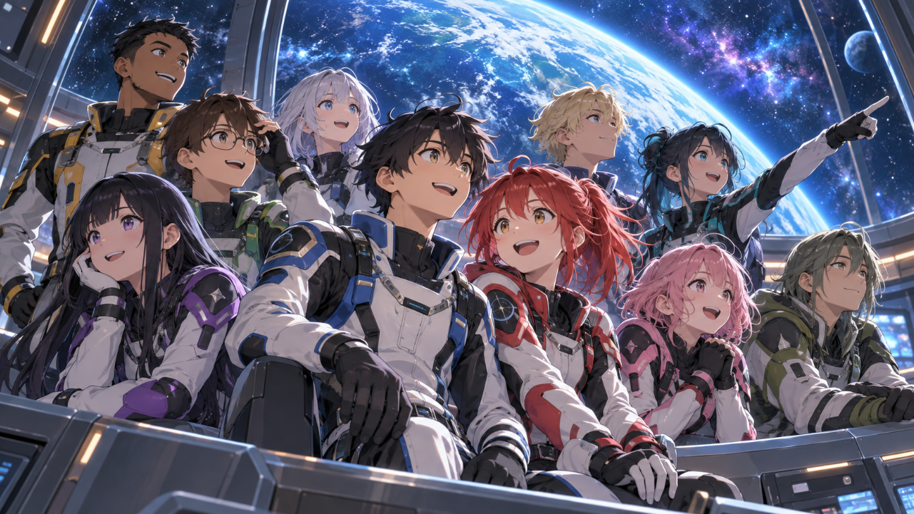 宇宙船から青い惑星を見つめる9人の少年少女を描いた完全オリジナルイラスト