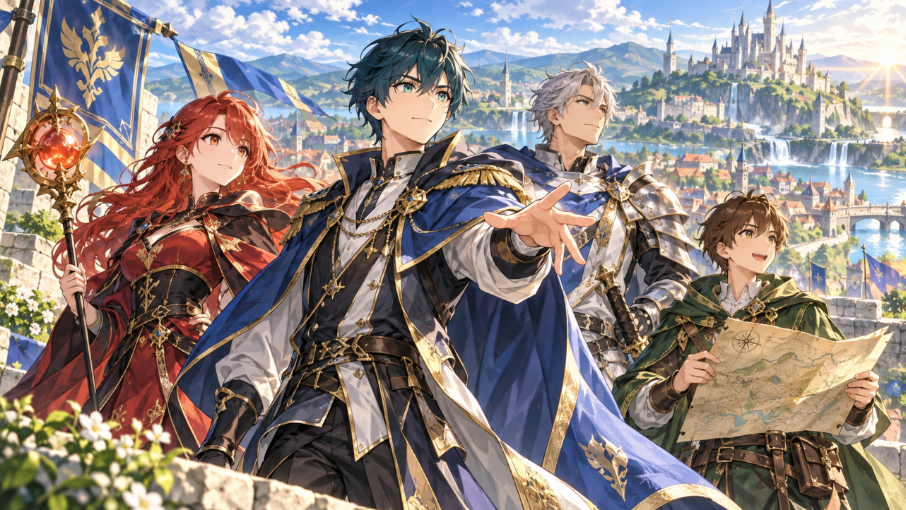 才能を見抜く若き領主と仲間たちを描いたオリジナルファンタジーイラスト