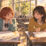 夕方の創作室で二つの机と描きかけの原稿、窓辺に差す光を描くオリジナルイラスト。『ルックバック』の結末考察記事用