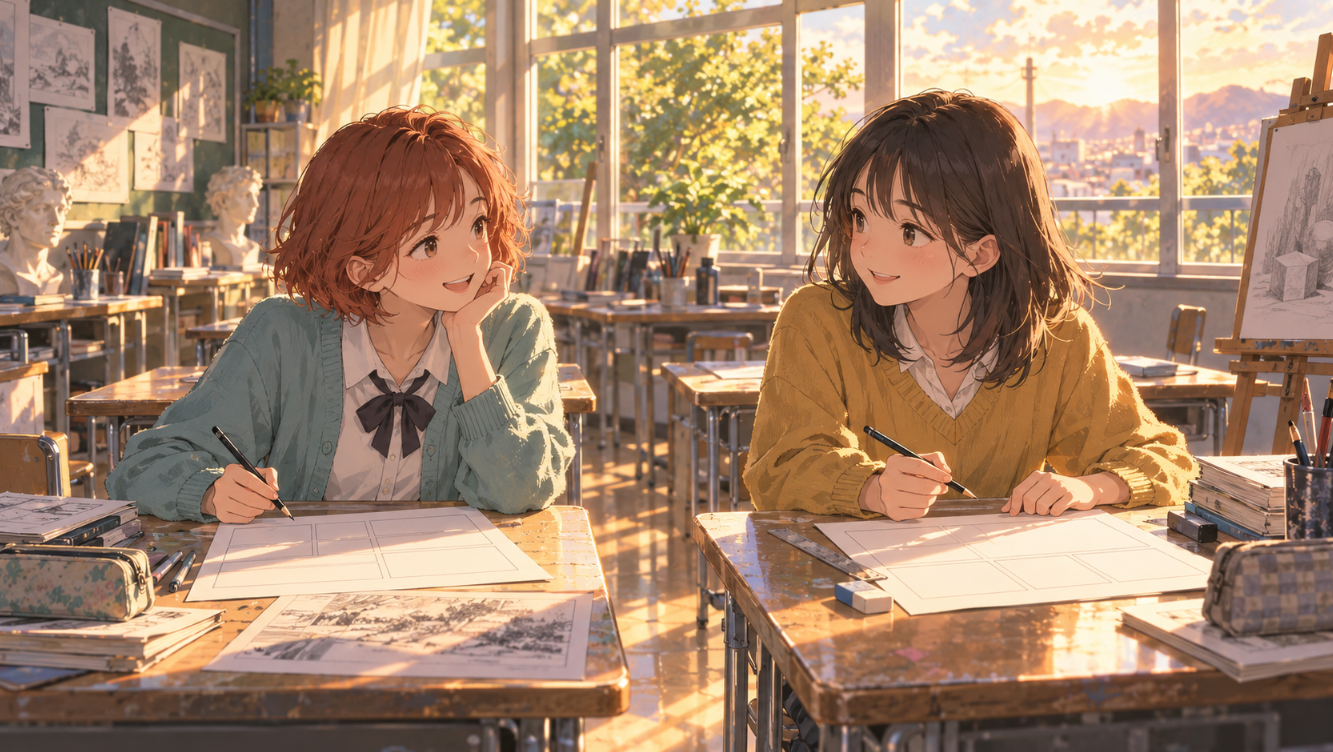 夕方の創作室で二つの机と描きかけの原稿、窓辺に差す光を描くオリジナルイラスト。『ルックバック』の結末考察記事用
