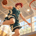 明るい体育館でバスケットゴールへ跳び、ダンクを決めようとする赤髪の青年のオリジナルイラスト