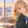 雪景色が見える冬の放課後の教室で、青いノートを胸に抱えながら優しく微笑む蜂蜜色の髪の女子高校生を描いた、ロシデレ1期最終回考察記事用の完全オリジナルイラスト