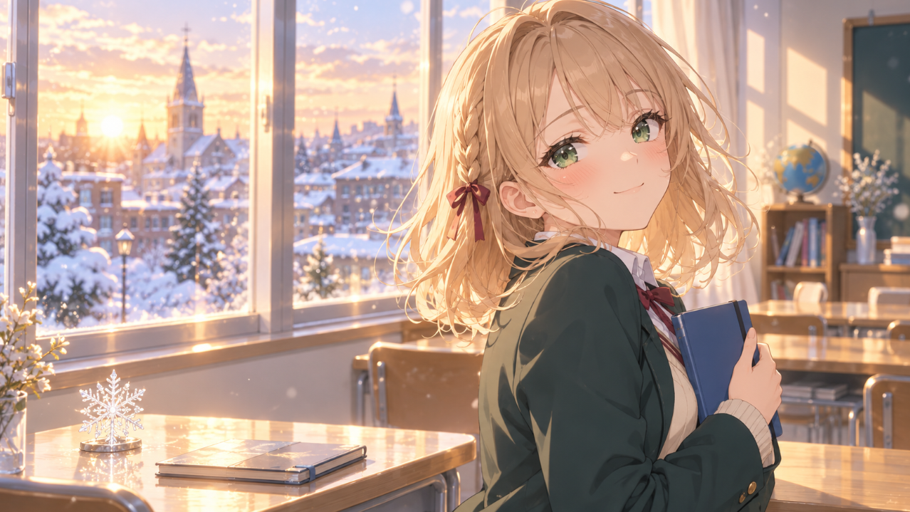 雪景色が見える冬の放課後の教室で、青いノートを胸に抱えながら優しく微笑む蜂蜜色の髪の女子高校生を描いた、ロシデレ1期最終回考察記事用の完全オリジナルイラスト