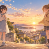 夕暮れの通学路で向き合う二人の小学生と空に浮かぶ小さな星型の光を描いた『タコピーの原罪』最終回考察の完全オリジナルイラスト