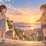 夕暮れの通学路で向き合う二人の小学生と空に浮かぶ小さな星型の光を描いた『タコピーの原罪』最終回考察の完全オリジナルイラスト