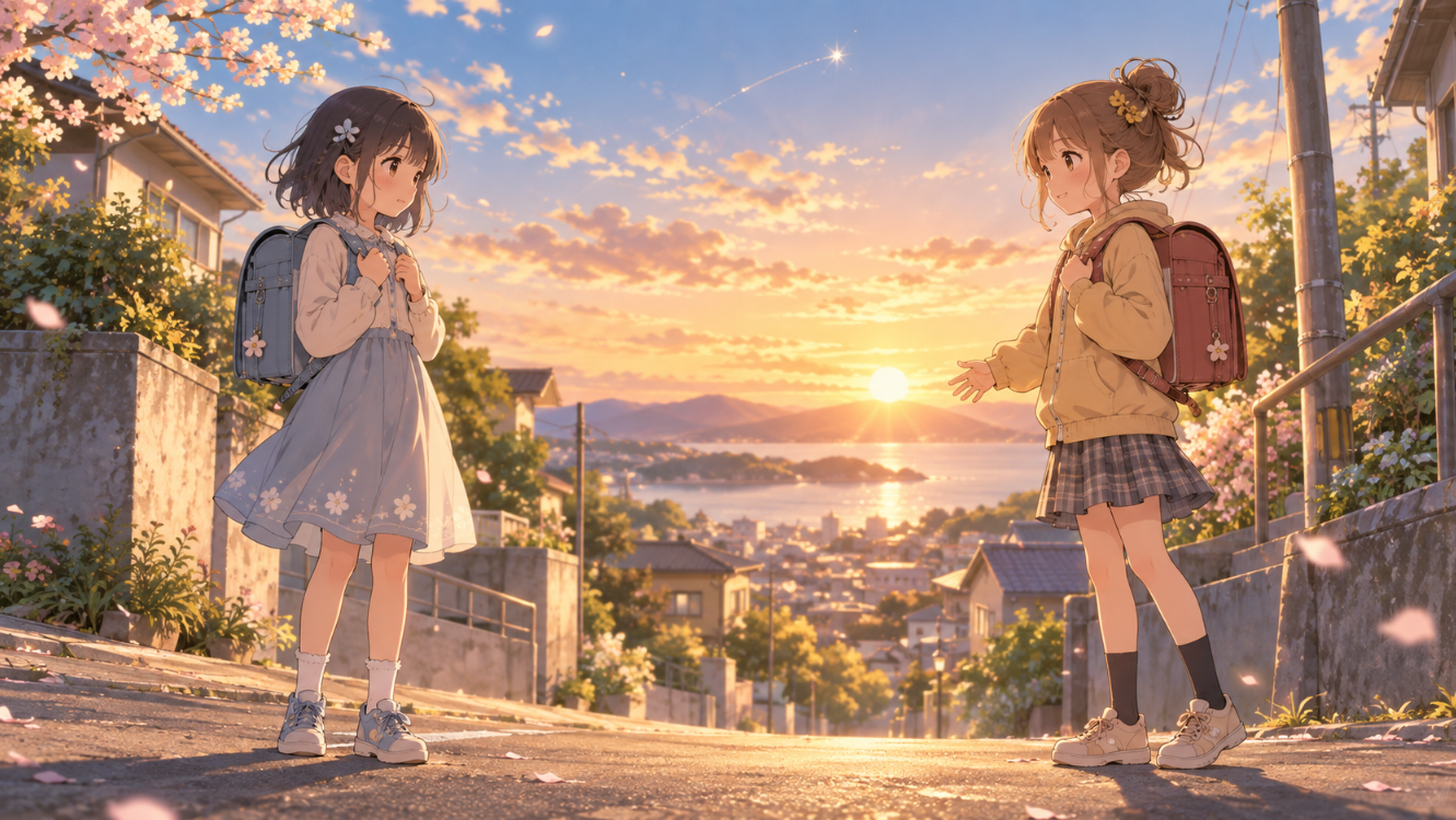 夕暮れの通学路で向き合う二人の小学生と空に浮かぶ小さな星型の光を描いた『タコピーの原罪』最終回考察の完全オリジナルイラスト