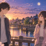 夕暮れの川越を思わせる川辺でスマートフォンを手に向き合う中学生の男女を描いた『月がきれい』最終回考察の完全オリジナルイラスト