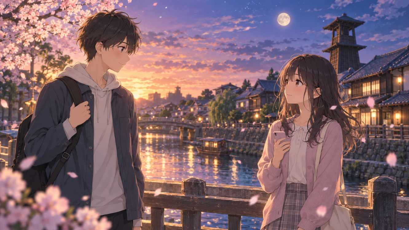 夕暮れの川越を思わせる川辺でスマートフォンを手に向き合う中学生の男女を描いた『月がきれい』最終回考察の完全オリジナルイラスト