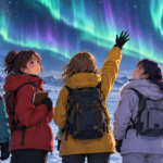 南極の雪原で色鮮やかなオーロラを見上げる女子高校生4人を描いた、宇宙よりも遠い場所の最終回ネタバレ感想・考察記事用完全オリジナルイラスト
