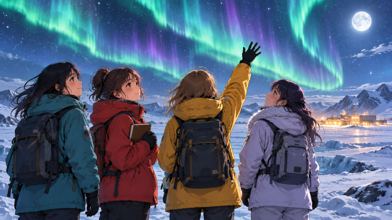 南極の雪原で色鮮やかなオーロラを見上げる女子高校生4人を描いた、宇宙よりも遠い場所の最終回ネタバレ感想・考察記事用完全オリジナルイラスト